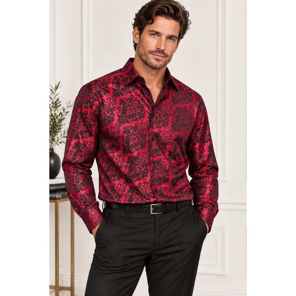Barry Wang Mens XXL Red Black Paisley Silk Blend Jacquard Long Sleeve Shirt